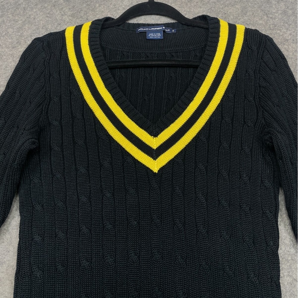 Vintage Ralph Lauren Golf Sweater Womens M Black Yellow Cable Knit V Neck Preppy - Picture 2 of 13